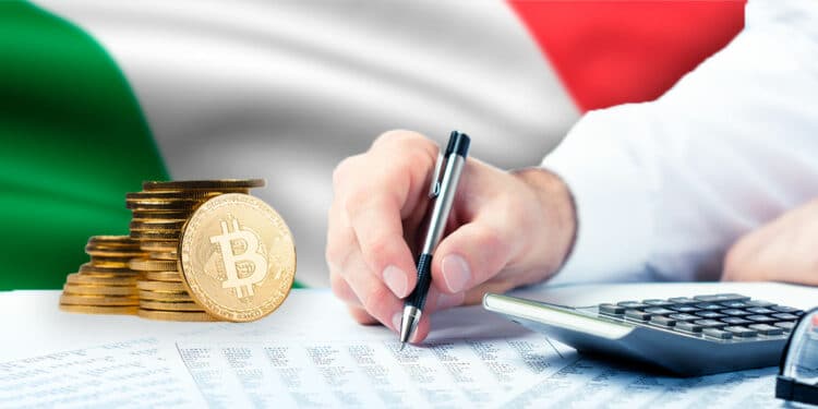 Persona trabajando impuestos con BTC y bandera de italia