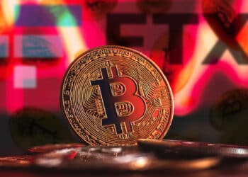 moneda de bitcoin entre monedas apiladas con gráfico bajista en rojo, con monedas de bitcoin cayendo y logo de FTX en el fondo