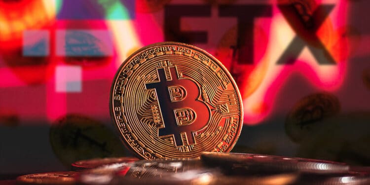 moneda de bitcoin entre monedas apiladas con gráfico bajista en rojo, con monedas de bitcoin cayendo y logo de FTX en el fondo