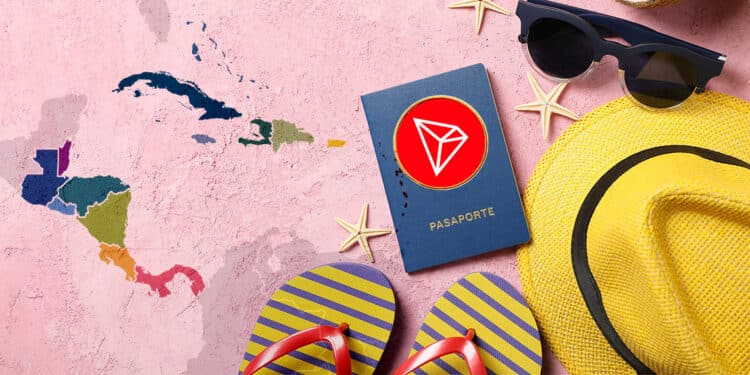 pasaporte con logo de tron junto a mapa del caribe.
