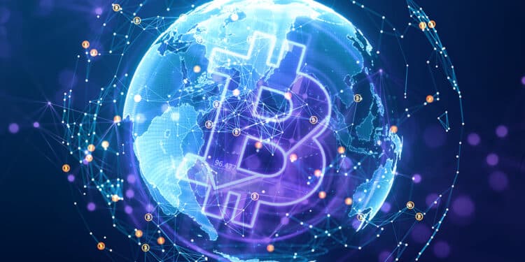 B de Bitcoin sobre mundo y nodos