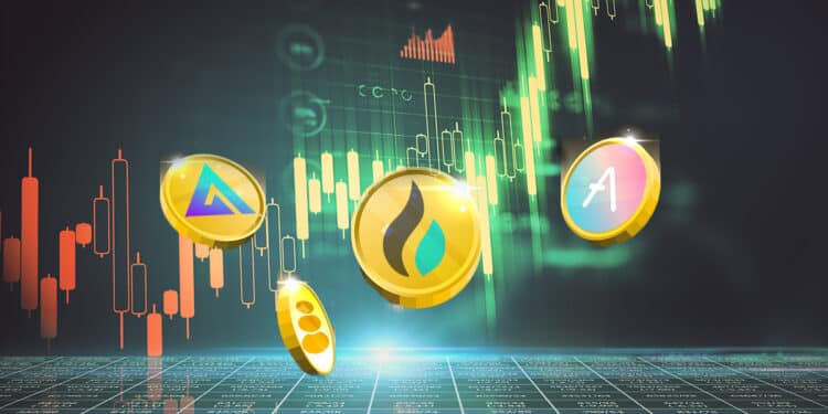 monedas con logos de Huobi, GMX, Aave, balancer, con gráfico de precio alcista en el fondo