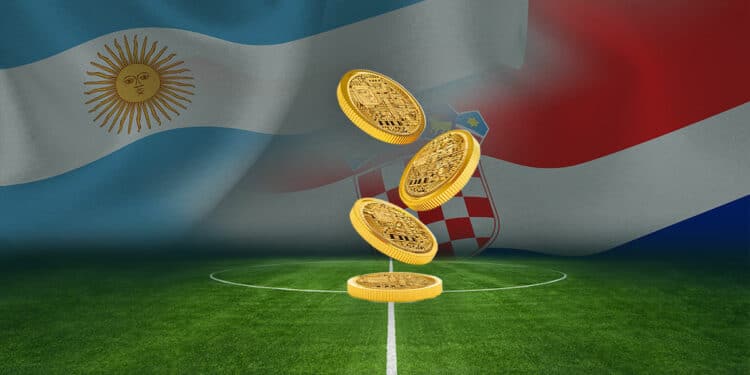 Fan token de Argetnina y Croacia con banderas al fondo en campo de fútbol