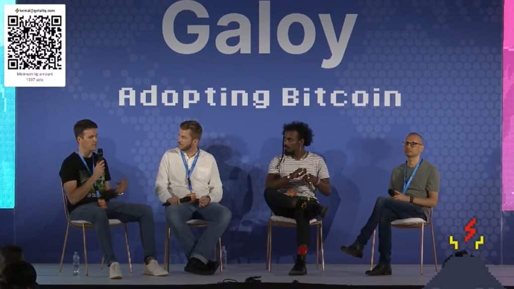 Alexandre Bussutil,  Jeff Gallas, Johns Beharry y Roy Sheinfeld durante el panel State of the Lightning Network en la conferencia Adopting Bitcoin en El Salvador.