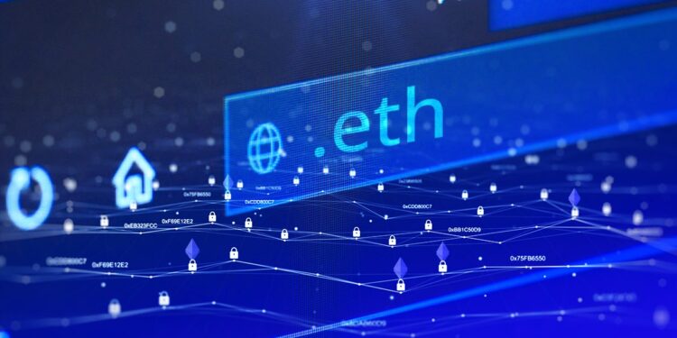dirección .eth en página de búsqueda con red privada y logos de ethereum superpuestos