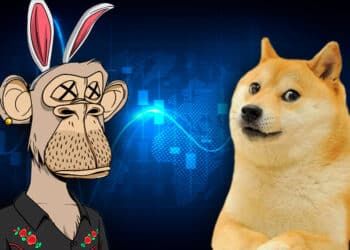 Bored Ape y Dogecoin con gráfica azul de mercado