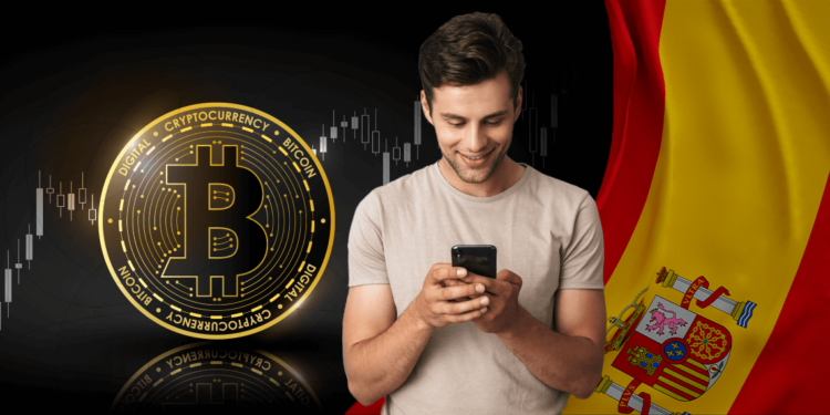 Joven junto a bitcoin y bandera de España.