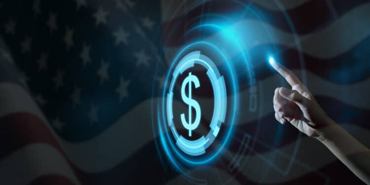 mano selecionando dolar digital con bandera de estados unidos en el fondo