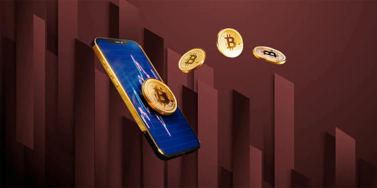 Teléfono con gráficos y BTC saliendo expulsados y fondo de barras