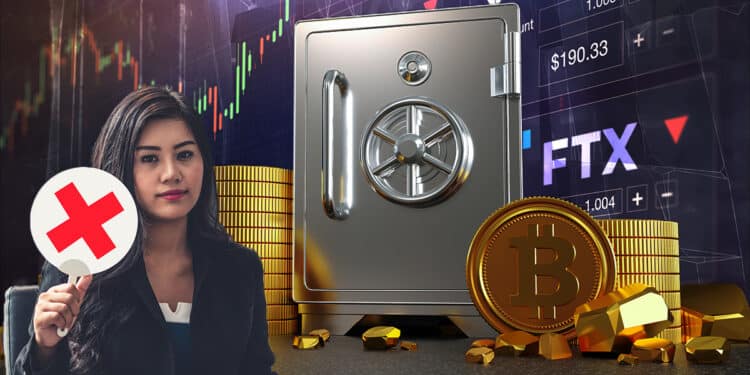 mujer con señal de rechazo en frente de boveda con monedas de bitcoin y gráficos de exchange en el fondo