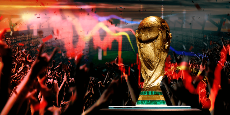 Copa del mundial de futbol junto a gráfico rojo.