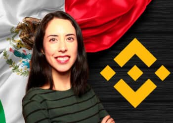 Bandera de México y Binance junto a Frida Vargas