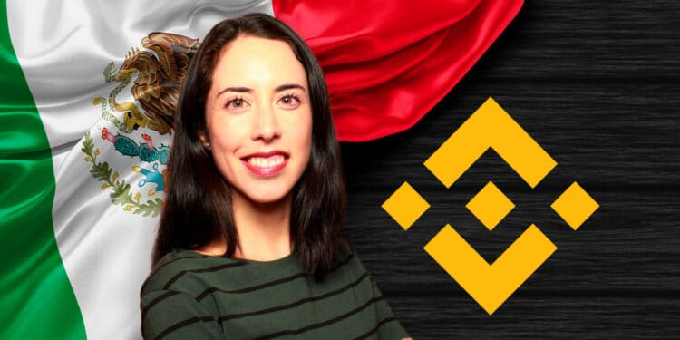 Bandera de México y Binance junto a Frida Vargas