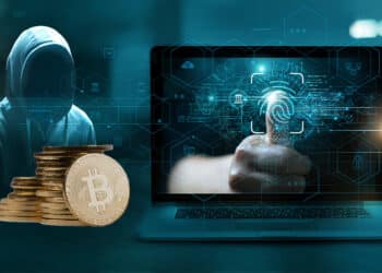 monedas de bitcoin apiladas junto a computadora mostrando huella digital con hacker en el fondo