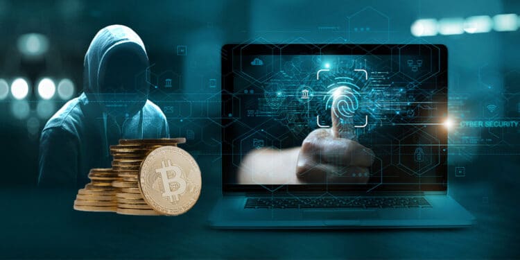 monedas de bitcoin apiladas junto a computadora mostrando huella digital con hacker en el fondo