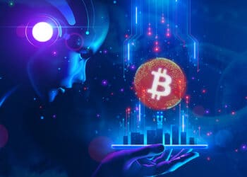 inteligencia artificial proyectando logo de bitcoin con cadenas digitales en el fondo