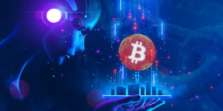 inteligencia artificial proyectando logo de bitcoin con cadenas digitales en el fondo