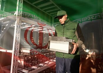 hombre sostiene minero ASIC con almacen y bandera de Irán en el fondo