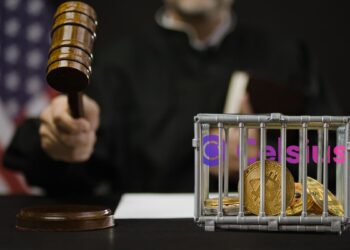 juez tomando comunica decisión con criptomonedas dentro de una jaula con logo de Celsius