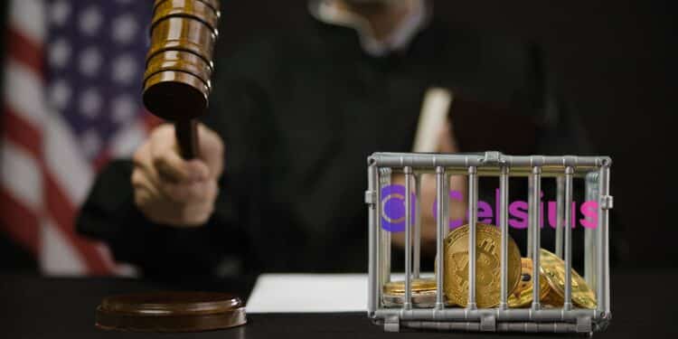 juez tomando comunica decisión con criptomonedas dentro de una jaula con logo de Celsius