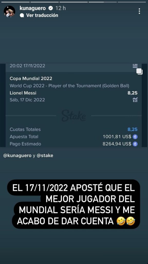 Kun Aguerro ganó criptomonedas al apostar por Messi.