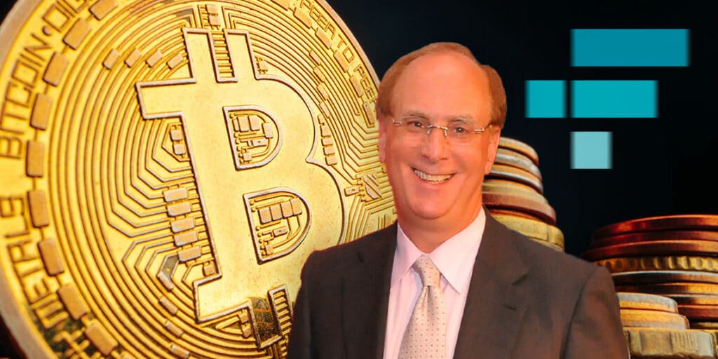 Larry Fink y pilas de Bitcoin con logo de FTX al fondo