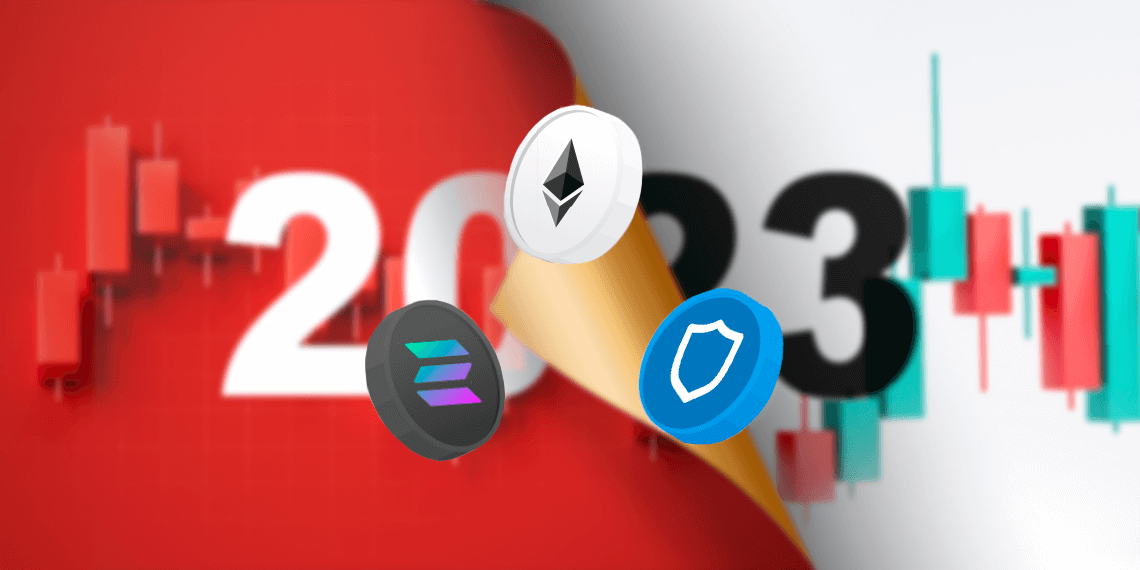 Altcoins acompañadas del año 2022 y 2023 con gráfico de mercados.