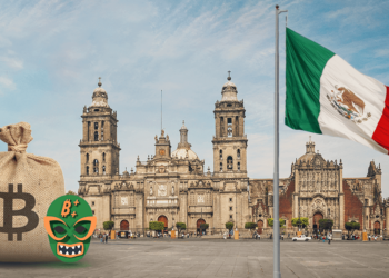 México junto a bolsa de bitcoin y logo de btcplusplus.