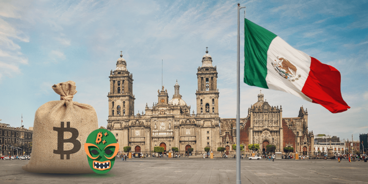 México junto a bolsa de bitcoin y logo de btcplusplus.
