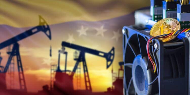 moneda de bitcoin sobre minero ASIC con bandera de venezuela y extractoras de petróleo en el fondo