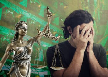 Persona culpable con símbolo de justicia y mineros asic al fondo