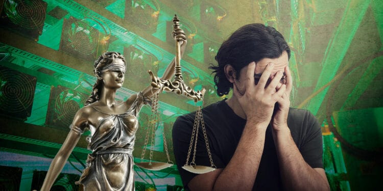 Persona culpable con símbolo de justicia y mineros asic al fondo