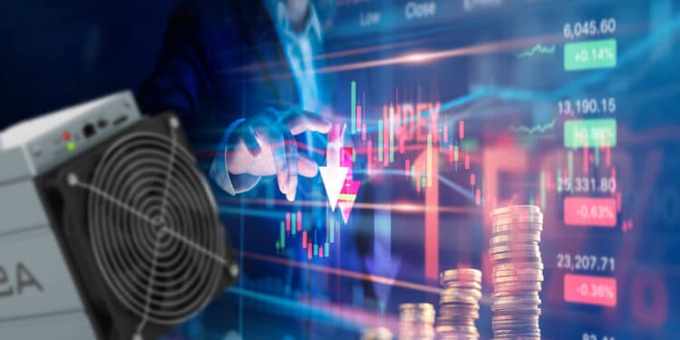 minero ASIC en frente de empresario manejando ráfico de precio en bajada