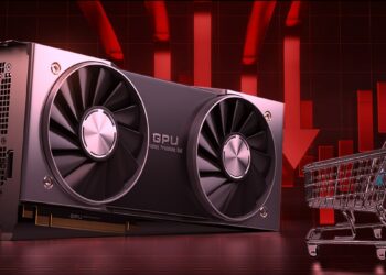 tarjeta de video (GPU) junto a carrito de mercado con grafico y flechas bajostas y rojas en el fondo