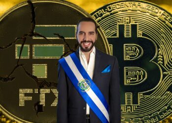 Nayib Bukele, presidente de El Salvador, en frente de monedas de Bitcoin y FTX con grietas