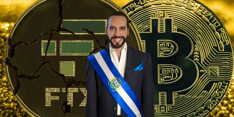 Nayib Bukele, presidente de El Salvador, en frente de monedas de Bitcoin y FTX con grietas