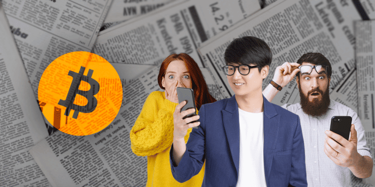 Comunidad bitcoiner junto a bitcoin y noticias de fondo.