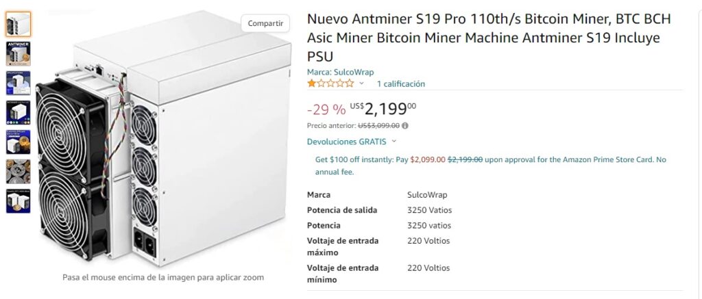 publicación en Amazon para minero ASIC Antminer S19 Pro muetsra un 29% de descuento en su precio