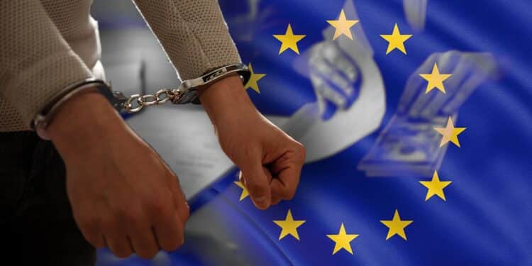 mujer esposada con imagen de soborno y bandera de europa en el fondo