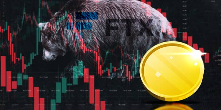 oso de FTX caminando entre gráficos de precio en caida con moneda en el frente desafiandolo