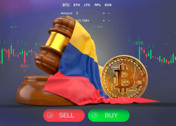 bandera de Colombia junto a bitcoin con un exchange de fondo.