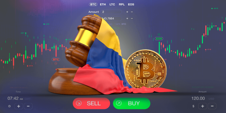 bandera de Colombia junto a bitcoin con un exchange de fondo.