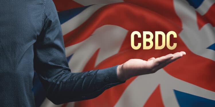 Siglas de CBDC con bandera de Reino Unido