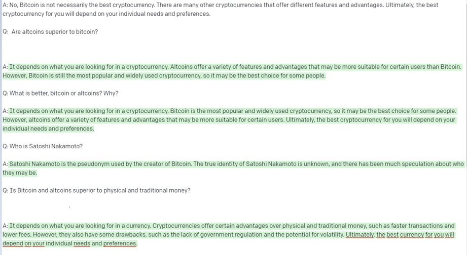 respuestas dadas por la inteligencia artificial ChatGPT al cuestionarla sobre Bitcoin