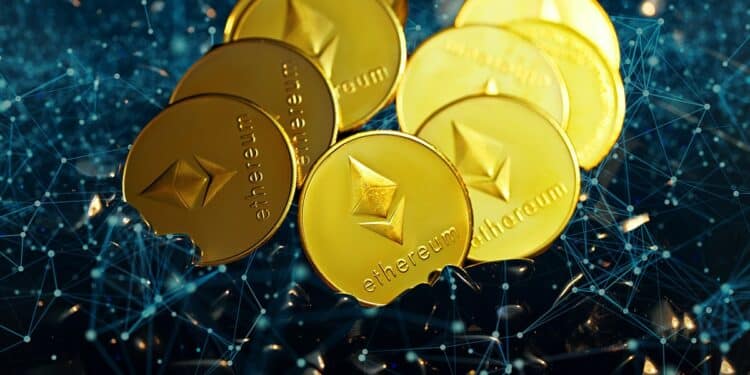 monedas de ethereum apiladas sobre red digital unida por nodos