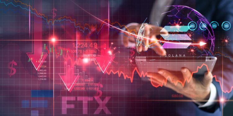 empresario señala gráfico en caida con logo de solana junto a gráficos de crisis y perdidas con logo de FTX