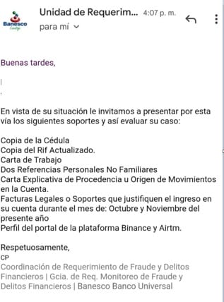 banesco solicita a sus clientes actualizar datos ante reclamo