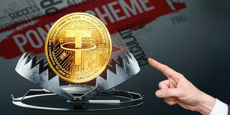 mano selakando moneda de Tether en trampa para osos con avisos de esquema ponzi