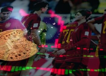 moneda desvanesiendose sobre pantalla con gráfico de precio en caida e imagen de la selección española de futbol en el fondo