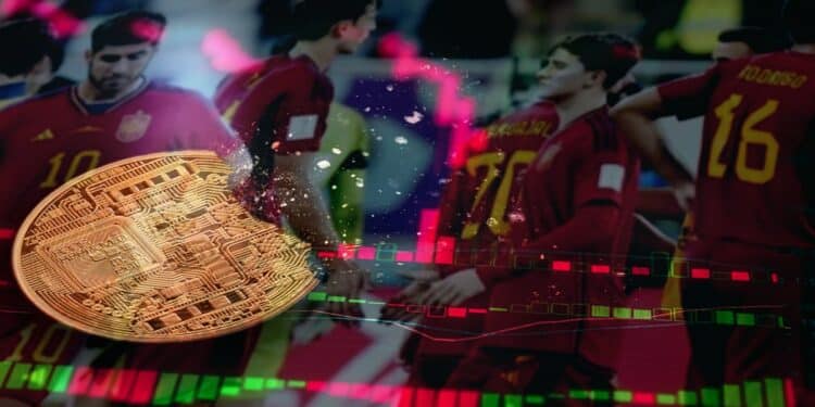 moneda desvanesiendose sobre pantalla con gráfico de precio en caida e imagen de la selección española de futbol en el fondo